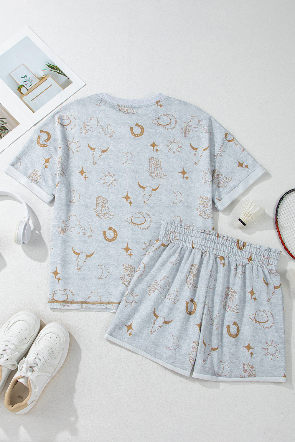Gray Western Fashion Printed T Shirt Elastic Waist Shorts Set