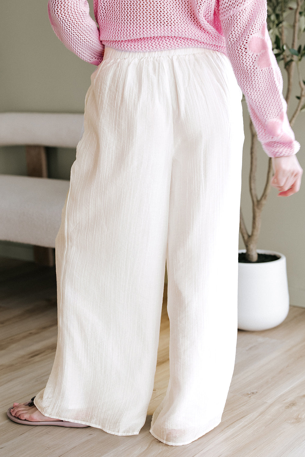 White Casual Tie Waist Pleated Wide Leg Pants