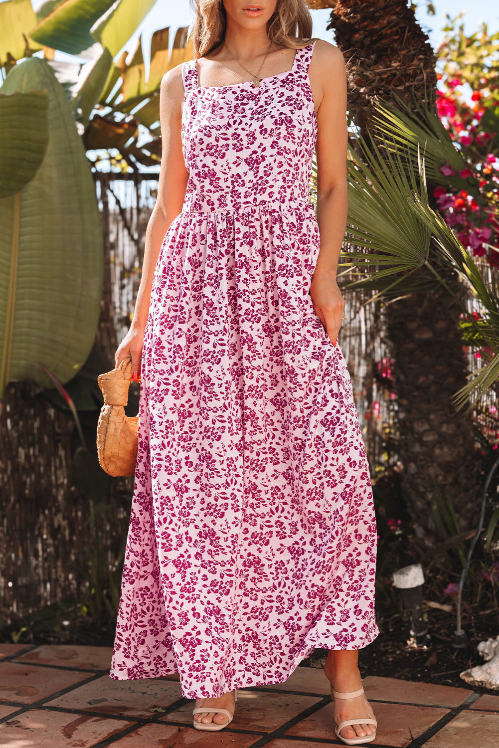 Pink Floral Cutout Back Empire Waist Sleeveless Maxi Dress