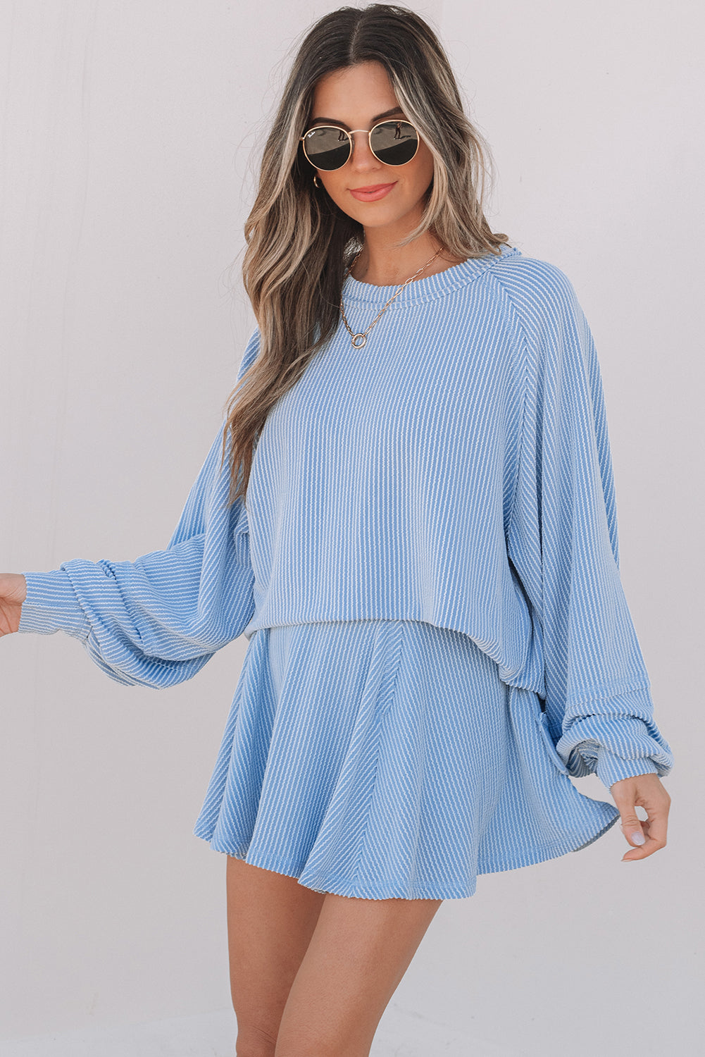 Sky Blue Corded Lantern Sleeve Top High Waist Ruffled Mini Skirt Set