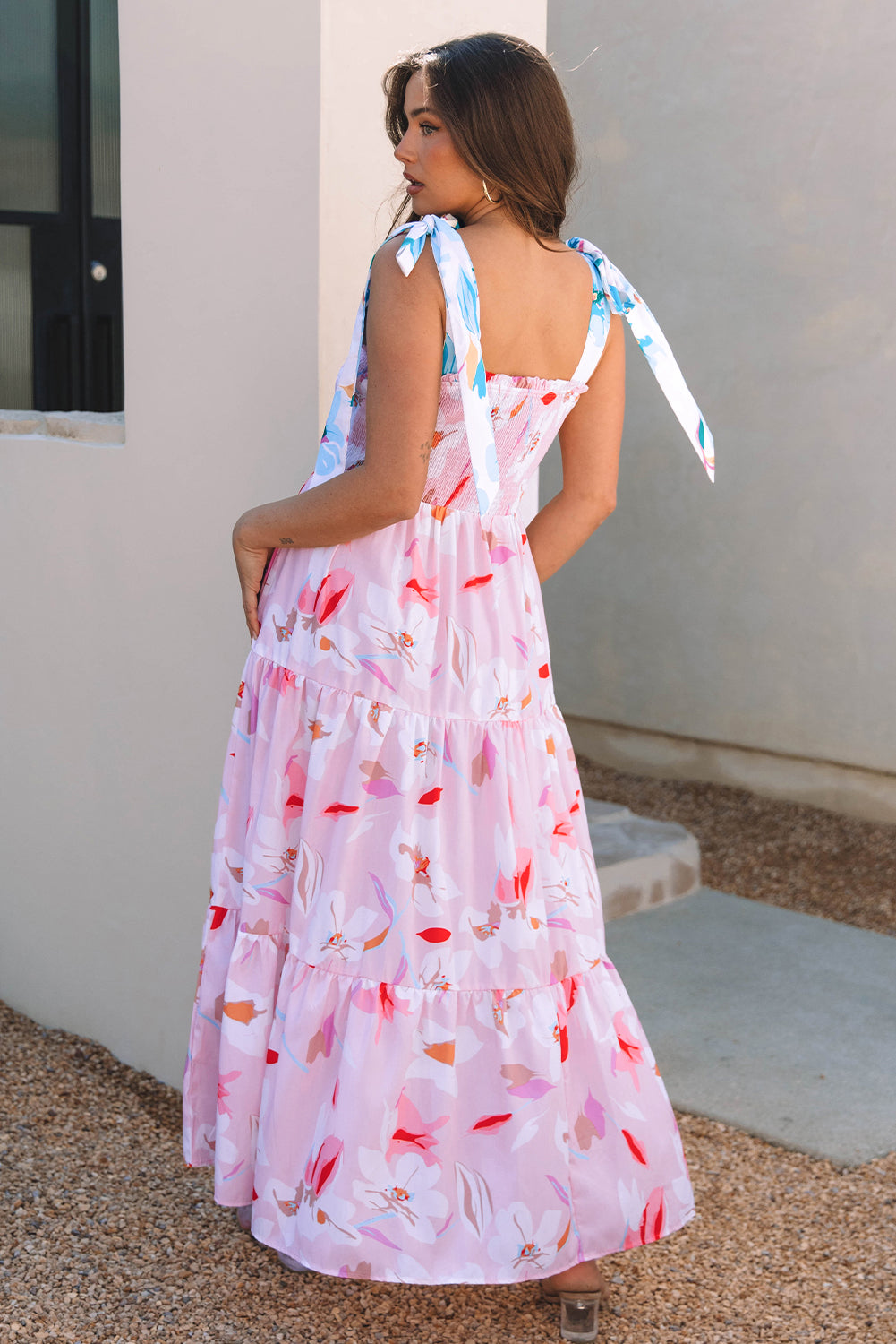 Pink Floral Print Knotted Shoulder Smocked Maxi Dress