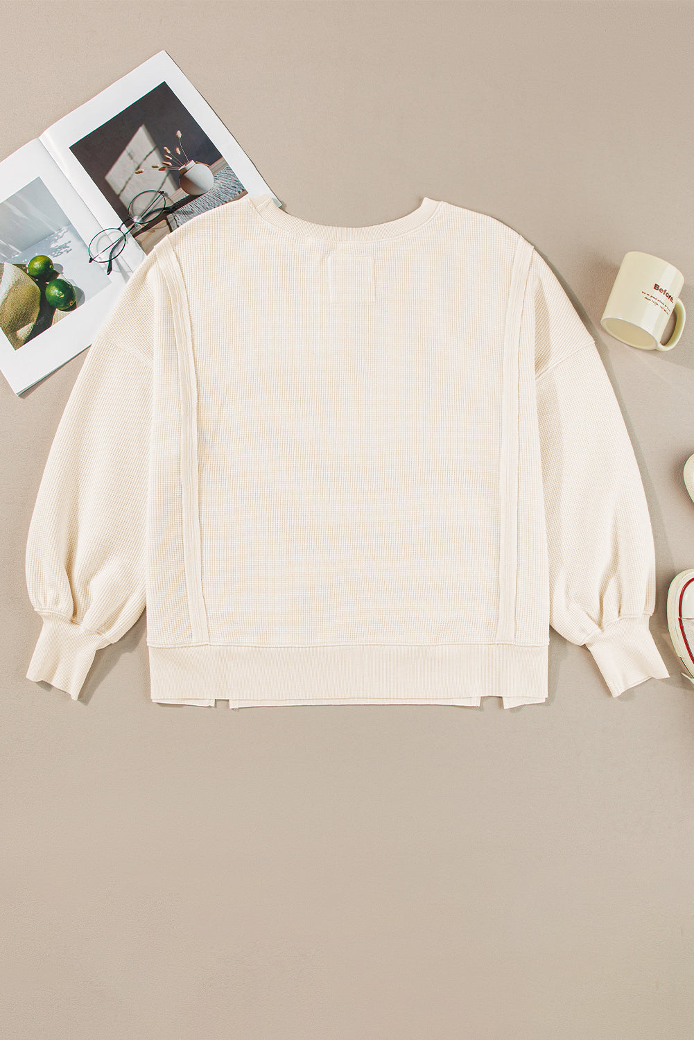 White Waffle knit Bishop Sleeve Split Oversized Top