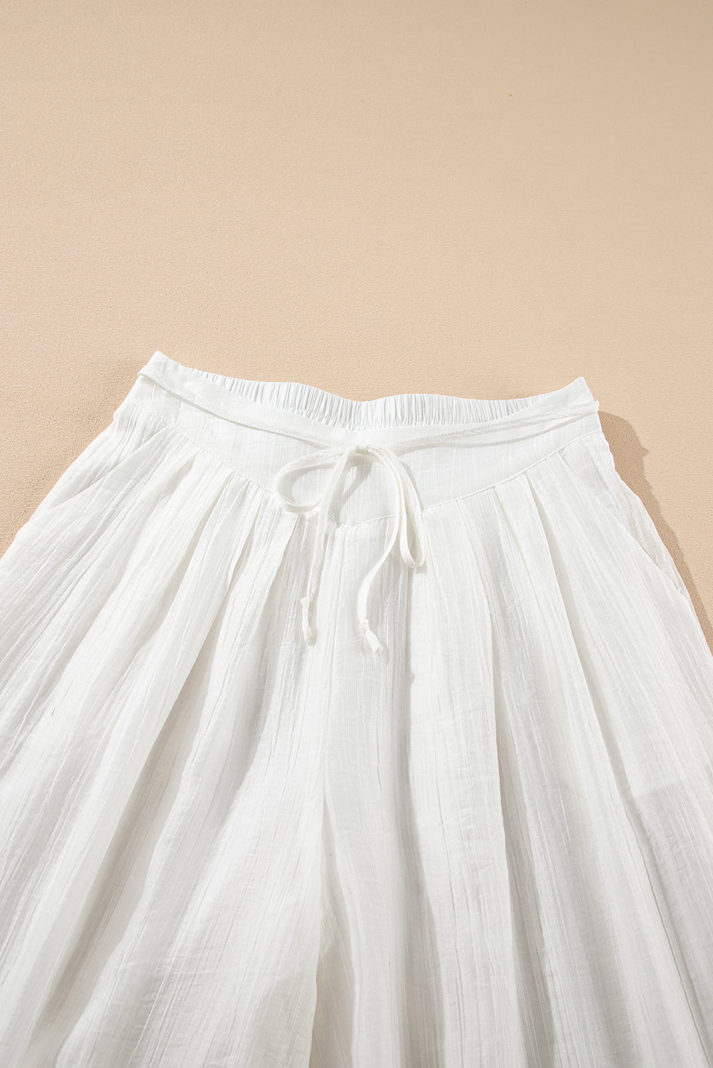 White Casual Tie Waist Pleated Wide Leg Pants