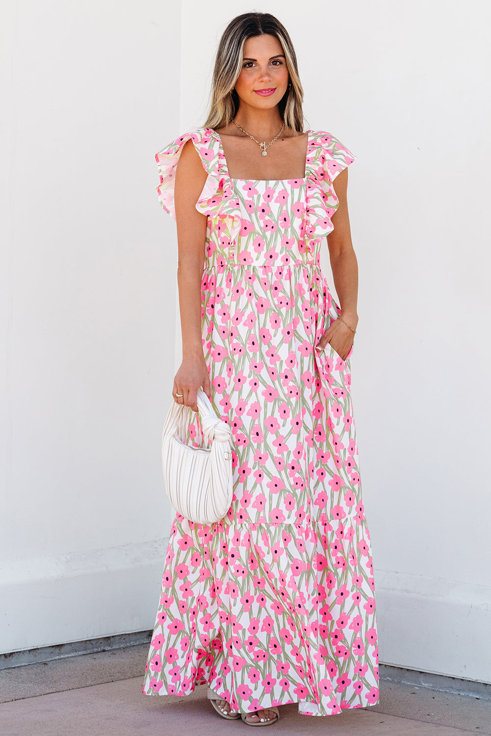 Pink Floral Print Square Neck Ruffled Strap Maxi Dress