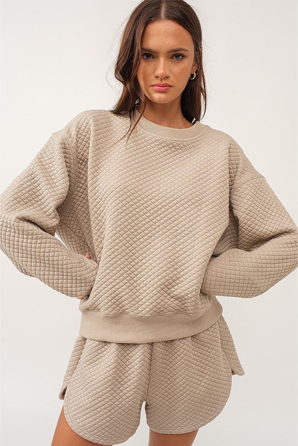 Parchment Solid Color Quilted Long Sleeve Top and Shorts Set