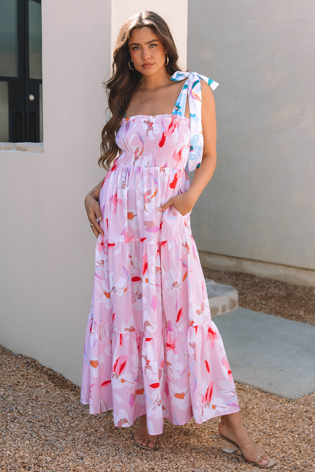 Pink Floral Print Knotted Shoulder Smocked Maxi Dress